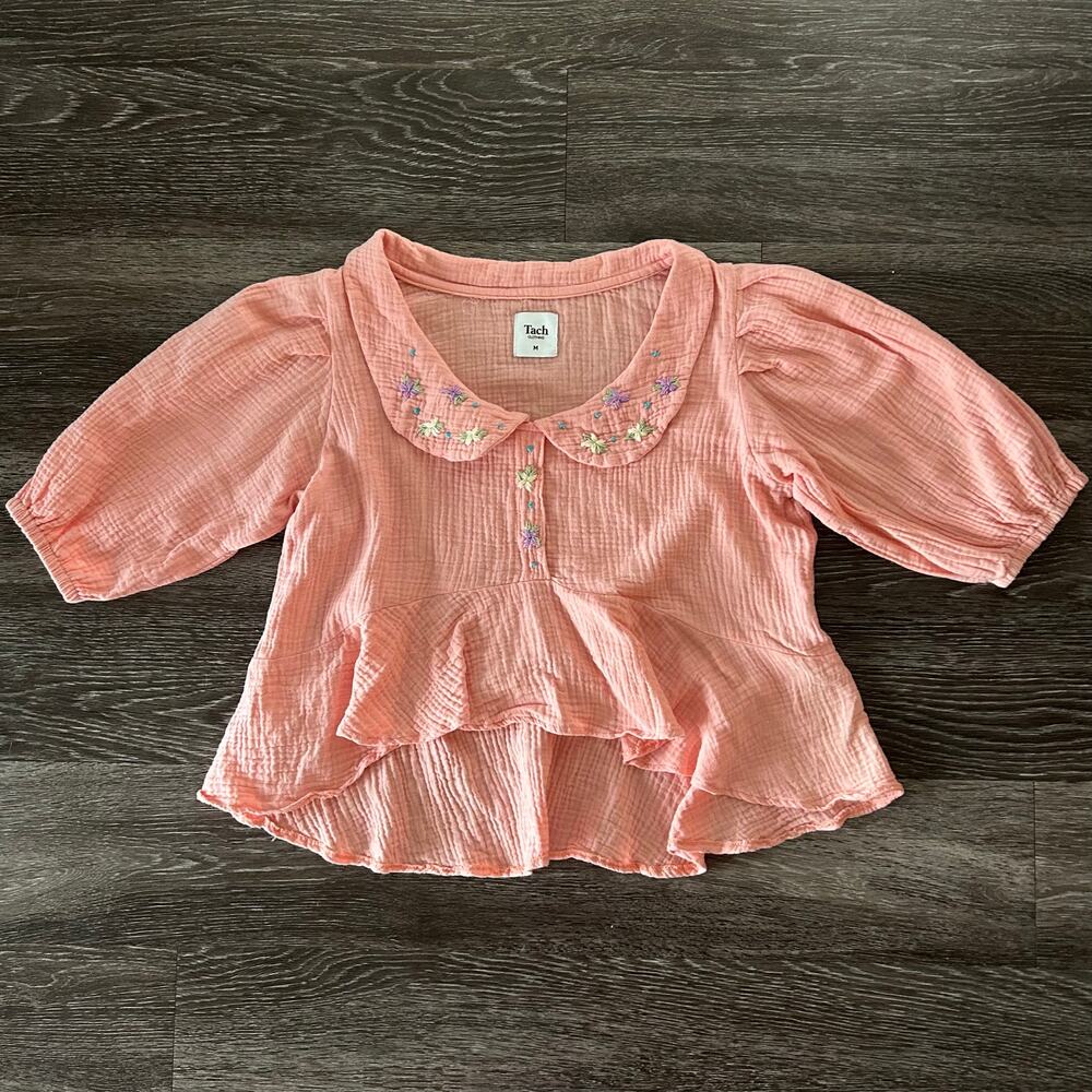 Tach Larina Embroidered Linen Cotton Top Puff Sleeve Peach Pink - Picture 2 of 16